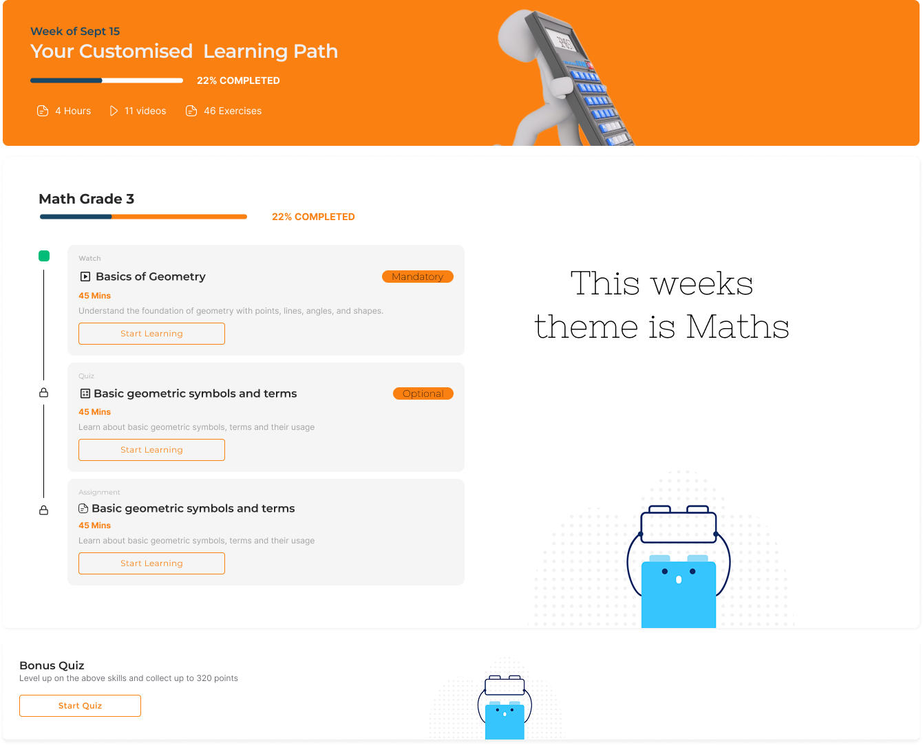Exclusive Academia Learning Dashboard showing customized learning paths, Math Grade 3 course with geometry lessons, quizzes, and progress tracking